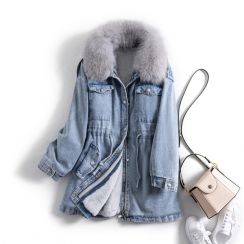 Womens Faux Fur Collar Denim Jacket