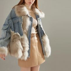 3Pcs Winter Denim Fox Fur Patchwork Fur Coat